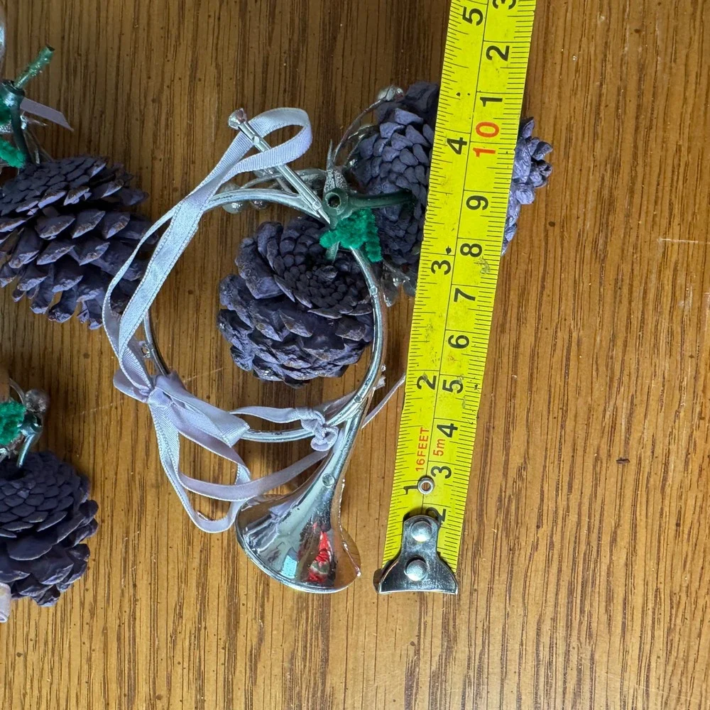 Set of 4 Silver Tone‎ Trumpet Pinecone Holiday Ornaments Purple Lavender Ribbon